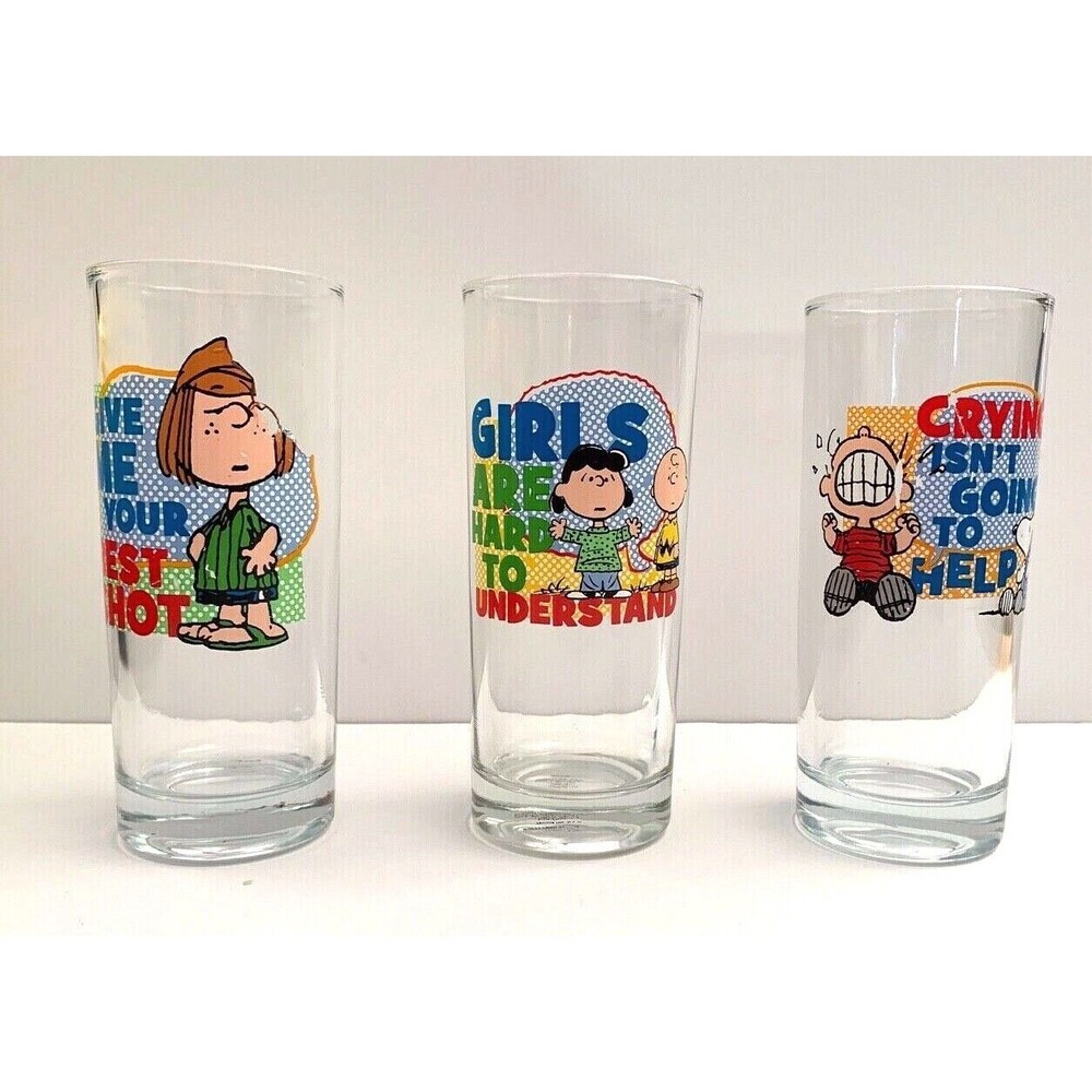 Set of 3 Snoopy Peanuts 8oz 6" Drinking Glasses 2011 Vandor LLC